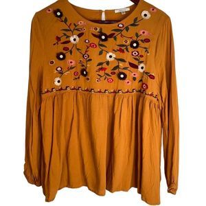 Jodifl Womens L Mustard Floral Embroidered Boho Longsleeve Babydoll Flowy Blouse